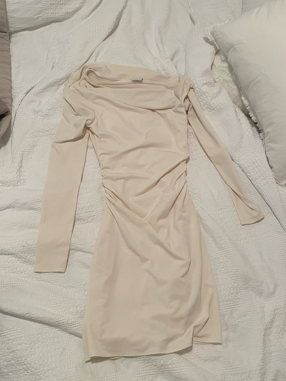 Abercrombie & Fitch Cream Long-Sleeve Draped Bodycon Dress